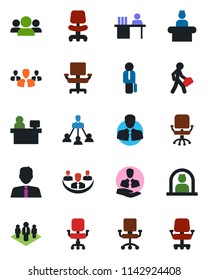 Color and black flat icon set - reception vector, office chair, manager place, client, company, desk, hierarchy, estate agent, group