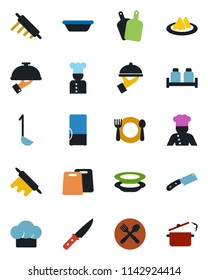 Color and black flat icon set - fridge vector, cook, serviette, cafe, hat, plates, waiter, salt and pepper, ladle, bowl, rolling pin, cutting board, knife, steaming pan