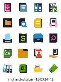 Color and black flat icon set - office binder vector, document search, receipt, folder, photo gallery, paper, tray, archive box, usb flash