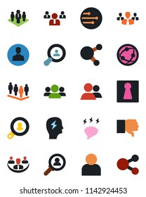 Color and black flat icon set - female vector, team, brainstorm, network, share, group, finger down, user, company, client search, consumer, social media