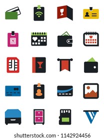 Color and black flat icon set - credit card vector, identity, medical calendar, gallery, sd, sim, archive box, wine, pass, wallet, pennon