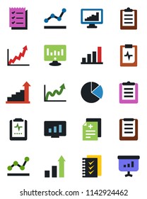 Color and black flat icon set - growth statistic vector, monitor, diagnosis, pulse clipboard, statistics, bar graph, pie, checklist, point, presentation