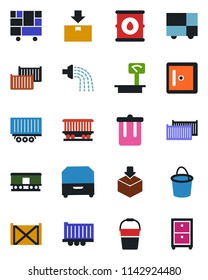 Color and black flat icon set - trash bin vector, checkroom, bucket, watering, railroad, truck trailer, cargo container, consolidated, package, oil barrel, heavy scales, archive box