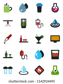 Color and black flat icon set - hot cup vector, water drop, dropper, flammable, monitor, alcohol, drink, cocktail, filter, sprinkler, flask
