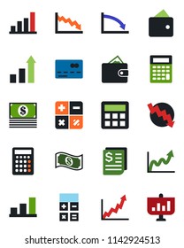 Color and black flat icon set - credit card vector, growth statistic, calculator, crisis graph, receipt, bar, wallet, cash, presentation