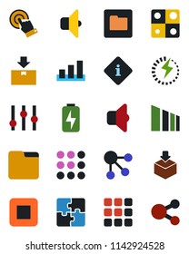 Color and black flat icon set - package vector, sorting, settings, touch screen, stop button, menu, folder, charge, application, sound, information, social media