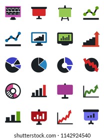 Color and black flat icon set - growth statistic vector, presentation board, crisis graph, circle chart, monitor pulse, statistics, bar, pie, point