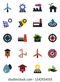 Color and black flat icon set - factory vector, bird house, target, sun panel, windmill, eco, water, palm sproute