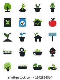 Color and black flat icon set - flower in pot vector, seedling, tree, sproute, plant label, fertilizer, fruit, salad, apple, eco house, palm