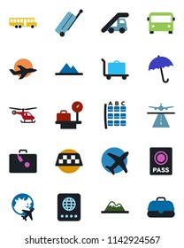 Color and black flat icon set - runway vector, taxi, suitcase, baggage trolley, airport bus, umbrella, passport, ladder car, helicopter, seat map, luggage scales, plane globe, mountains, case