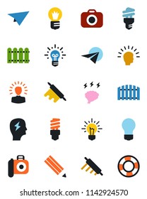 Color and black flat icon set - brainstorm vector, bulb, camera, pencil, fence, rolling pin, energy saving, shining head, idea, paper plane, crisis management