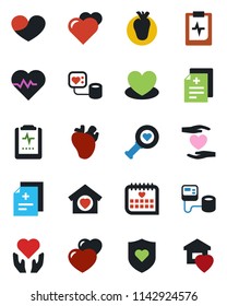 Color and black flat icon set - heart vector, pulse, diagnosis, blood pressure, diagnostic, shield, hand, real, medical calendar, clipboard, sweet home
