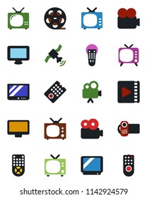 Color and black flat icon set - tv vector, reel, satellite, video camera, remote control, monitor