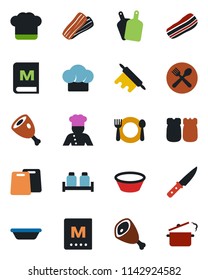 Color and black flat icon set - cook vector, cafe, hat, menu, bacon, salt and pepper, ham, bowl, rolling pin, cutting board, knife, steaming pan