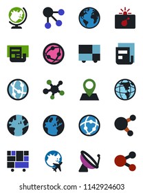 Color and black flat icon set - satellite antenna vector, bomb in case, globe, plane, earth, pin, consolidated cargo, network, share, news, social media