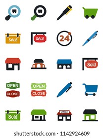 Color and black flat icon set - 24 around vector, pen, store, search cargo, sale, sold signboard, cafe building, open close, cart, storefront