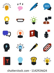 Color and black flat icon set - speaking man vector, pen, brainstorm, bulb, dialog, wine card, hot dog, shining head, idea