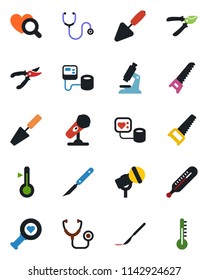Color and black flat icon set - trowel vector, pruner, saw, stethoscope, blood pressure, thermometer, heart diagnostic, microscope, scalpel, microphone