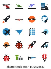 Color and black flat icon set - departure vector, arrival, ladder car, plane, boarding, helicopter, seat map, globe, airport building, lady bug, rocket, paper, air balloon