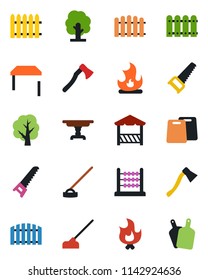Color and black flat icon set - fence vector, tree, saw, fire, hoe, axe, abacus, table, alcove, cutting board