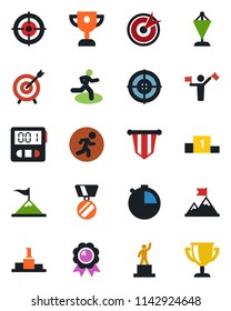 Color and black flat icon set - dispatcher vector, pedestal, pennant, medal, run, stopwatch, target, motivation, award cup