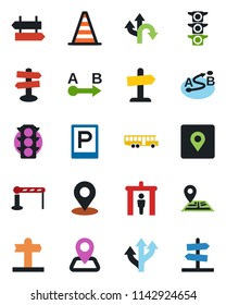 Color and black flat icon set - airport bus vector, parking, barrier, security gate, signpost, border cone, route, navigation, traffic light, place tag, guidepost