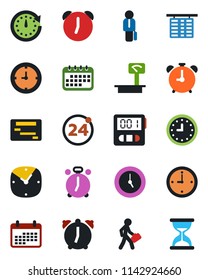 Color and black flat icon set - 24 around vector, alarm clock, flight table, heavy scales, stopwatch, manager, calendar, schedule, sand