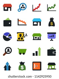 Color and black flat icon set - shop vector, checkroom, growth statistic, money bag, store, pie graph, hr, consumer search, arrow up, wallet, crisis, cart, presentation, storefront