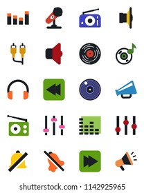 Color and black flat icon set - vinyl vector, microphone, radio, speaker, loudspeaker, settings, equalizer, headphones, fast forward, rewind, rca, tuning, mute, music, sound, advertising