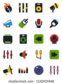 Color and black flat icon set - vinyl vector, flame disk, microphone, speaker, loudspeaker, settings, equalizer, fast forward, rewind, rca, hdmi, tuning