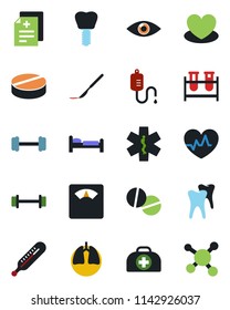 Color and black flat icon set - bed vector, heart, pulse, doctor case, diagnosis, blood test vial, dropper, thermometer, scales, pills, scalpel, ambulance star, barbell, lungs, tooth, implant, eye