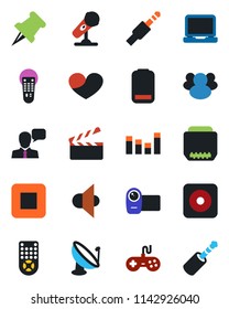 Color and black flat icon set - satellite antenna vector, clapboard, microphone, speaker, gamepad, equalizer, video camera, remote control, laptop pc, group, heart, paper pin, low battery, rec, hdmi