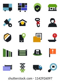 Color and black flat icon set - important flag vector, store, satellite, traffic light, support, mobile tracking, cargo container, car delivery, consolidated, folder document, warehouse storage