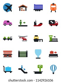 Color and black flat icon set - baggage conveyor vector, trolley, train, escalator, larry, helicopter, airport building, railroad, plane, sea shipping, truck trailer, port, container, fragile, car