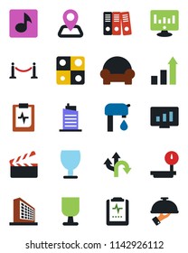 Color and black flat icon set - fence vector, office building, growth statistic, monitor, pulse clipboard, route, navigation, fragile, heavy scales, clapboard, music, application, paper binder