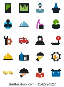 Color and black flat icon set - airport bus vector, baby room, reception, ambulance car, doctor, office phone, support, client, heavy scales, cell, scanner, root setup, dish, waiter, battery