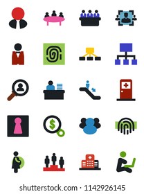 Color and black flat icon set - escalator vector, female, medical room, pedestal, meeting, hospital, pregnancy, group, fingerprint id, hr, manager desk, estate agent, waiter, consumer search, money
