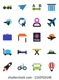 Color and black flat icon set - plane vector, baggage trolley, airport bus, passport, bed, larry, flight table, globe, case, picnic, bike, navigation, route, mountains, rocket, paper, air balloon