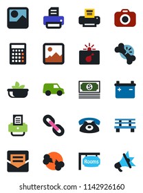 Color and black flat icon set - bomb in case vector, printer, bench, broken bone, cash, camera, chain, gallery, mail, rooms, phone, salad, battery, calculator, car, advertising
