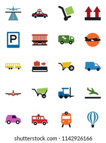 Color and black flat icon set - runway vector, arrival, baggage conveyor, airport bus, parking, train, alarm car, fork loader, plane, wheelbarrow, ambulance, railroad, delivery, cargo, up side sign