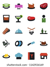 Color and black flat icon set - waiter vector, dish, alcohol, restaurant table, serviette, cook hat, wine card, drink, cocktail, plates, bacon, chicken, steak, knife, sushi, storefront