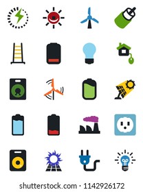 Color and black flat icon set - bulb vector, factory, ladder, speaker, battery, low, rca, charge, windmill, home control, socket, power plug, sun panel, alarm led, idea