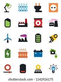 Color and black flat icon set - factory vector, oil barrel, battery, low, brightness, charge, desk lamp, sun panel, heater, home control, socket, power plug, radiator, windmill, idea