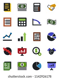 Color and black flat icon set - growth statistic vector, abacus, crisis graph, cash, receipt, calculator, pie, point, handshake, contract, money search, presentation