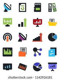 Color and black flat icon set - satellite antenna vector, growth statistic, office binder, monitor, document reload, diagnosis, barcode, scanner, sd, pie graph, folder, wireless, social media
