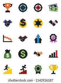 Color and black flat icon set - handshake vector, dollar sign, medal, money bag, cash, sertificate, bar graph, target, career ladder, police, arrow up, crisis, award cup