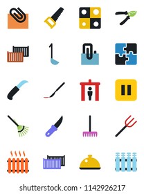 Color and black flat icon set - security gate vector, farm fork, rake, pruner, saw, garden knife, scalpel, cargo container, pause button, application, paper clip, heater, dish, ladle, radiator