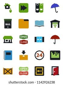 Color and black flat icon set - 24 around vector, automatic door, umbrella, book, store, container, package, fast forward, scanner, folder, copybook, mailbox, open close, home control, garage gate