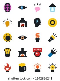 Color and black flat icon set - brainstorm vector, fire, sun, garden light, eye, traffic, torch, fireplace, beer, bulb, energy saving, alarm led, shining head, idea