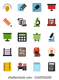 Color and black flat icon set - contract vector, abacus, desk, notepad, presentation board, pencil, microscope, calculator, notes, book, shining head